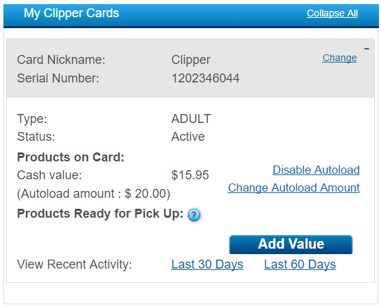 clipper card value